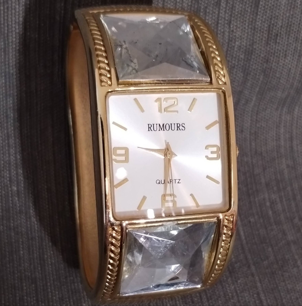 Rumours Bangle Bracelet Quartz Watch Hinge Open/Close & Large Square Rhinestones - Picture 4 of 13